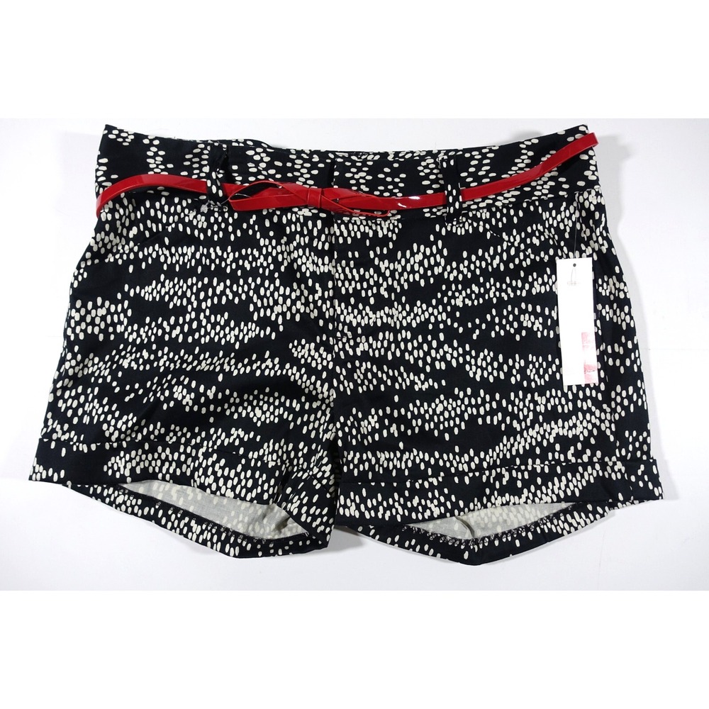 Elle Red Alert Shorts Women 10 Linear Dot Cuffed Belted Stretch Black NEW